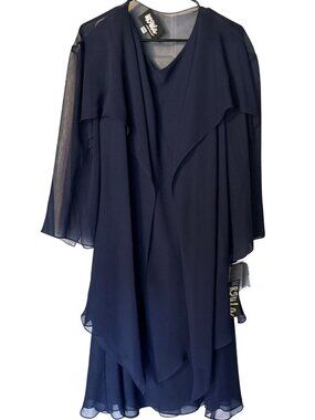NWT Ursula Of Switzerland Navy Blue Chiffon Formal Dress & Jacket Set Size 24W C